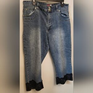 Vintage Lazer Jeans Distressed Blue Cropped Jeans With Black Lace